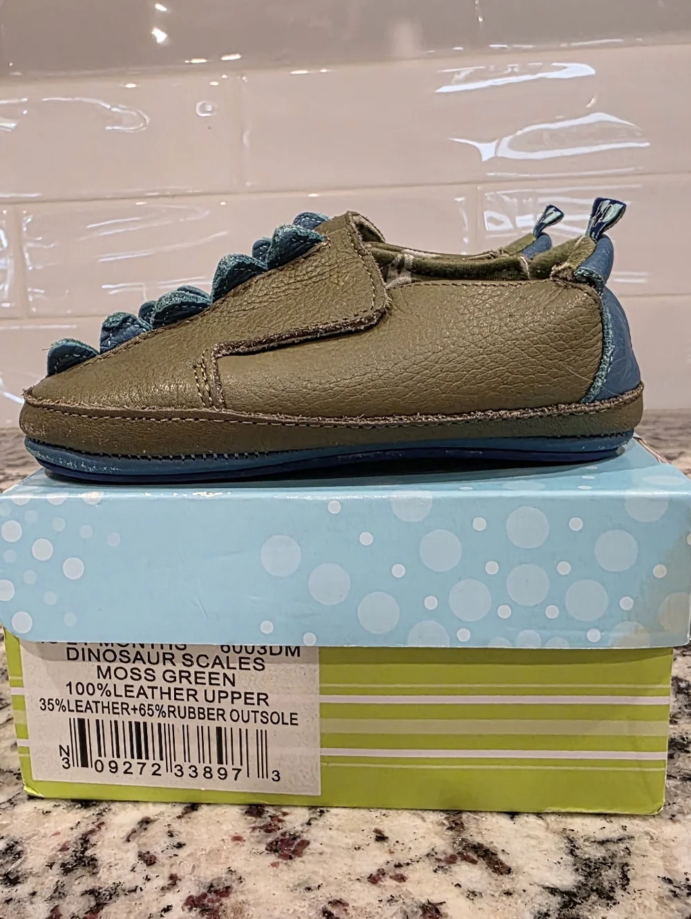 Kickee Pants Dino Scales Moss Green Leather Slip On Shoes Size 6 (18-24m) EUC